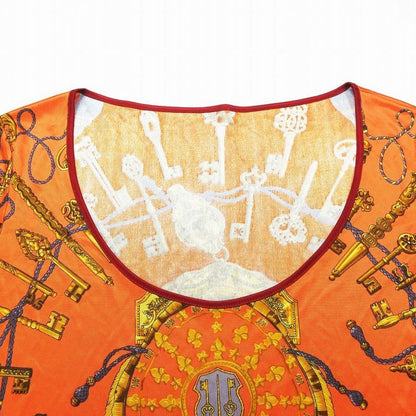 Hermes Les Cles Key Pattern Short Sleeve T-Shirt U-Neck Top Women's Orange Size