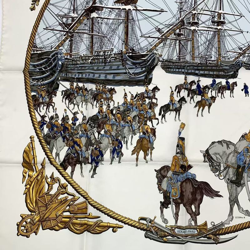 Hermes Carre 90 Marine ET Cavalerie Sea And Cavalry Silk Scarf White