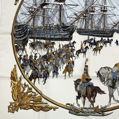 Hermes Carre 90 Marine ET Cavalerie Sea And Cavalry Silk Scarf White