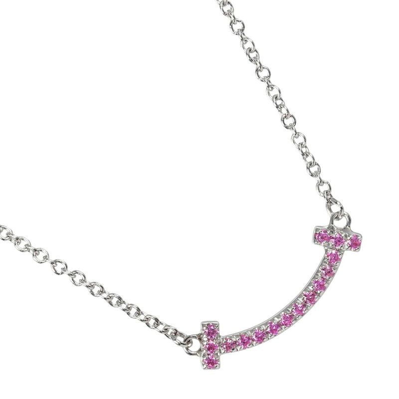 Tiffany & Co T-smile Mini 18K White Gold And Pink Sapphire Ladies 2.43g Necklace