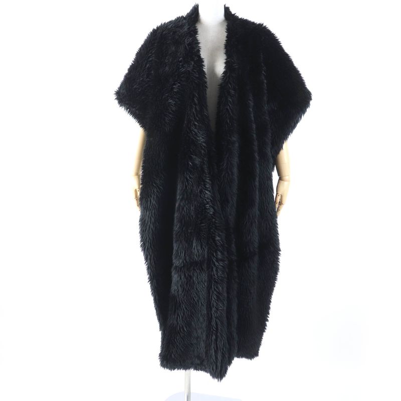 Balenciaga 719232 Faux Fur Large Shawl With Logo Tag And Hood Black 156 X 48cm