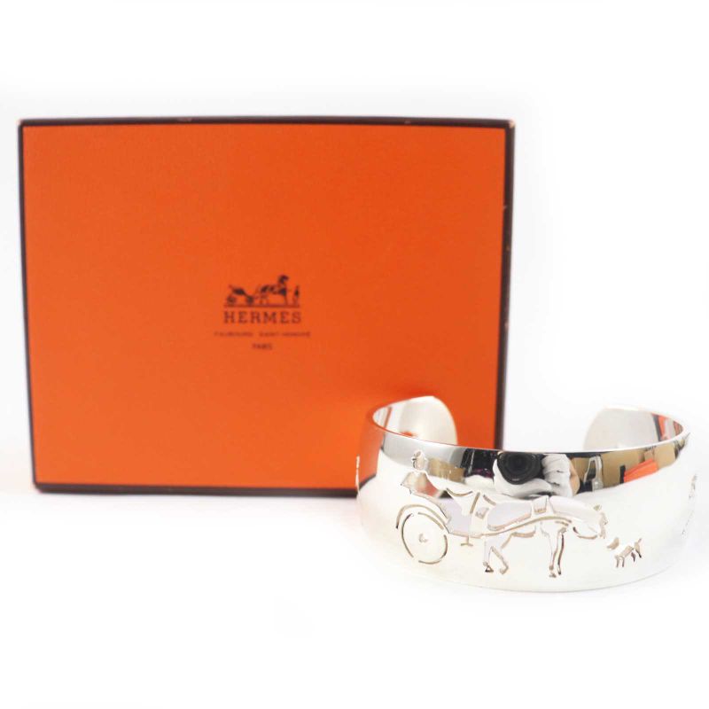 Hermes Vintage Carreche Carriage Dog Bracelet / Bangle Silver With Box Ladies