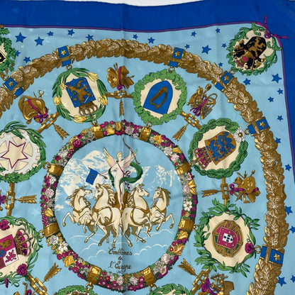 Hermes Carre 90 Emblemes De L'europe European Emblem Scarf Silk Blue