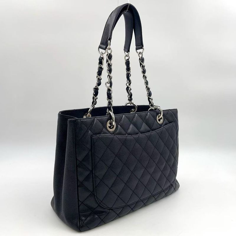 Chanel GST Tote Bag Matelasse 13th Caviar Skin Black Shoulder Bag Silver