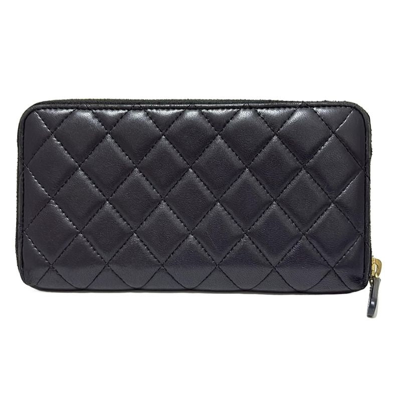Chanel Long Wallet Matelasse Black And Gold Round Zipper/gold Hardware Lambskin