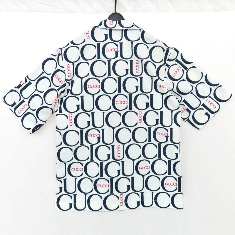 Gucci Maxi Gucci Print Fabric Shirt 790723 Short Sleeve 44 White Blue