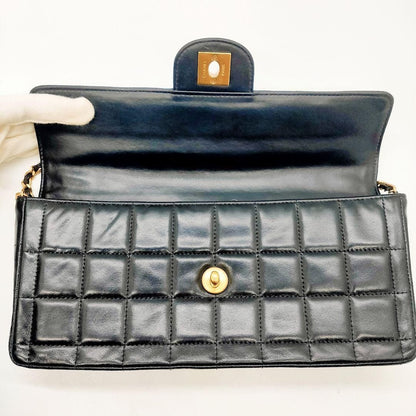 CHANEL Vintage Chocolate Bar Lambskin Leather Purse Bag Black Chain