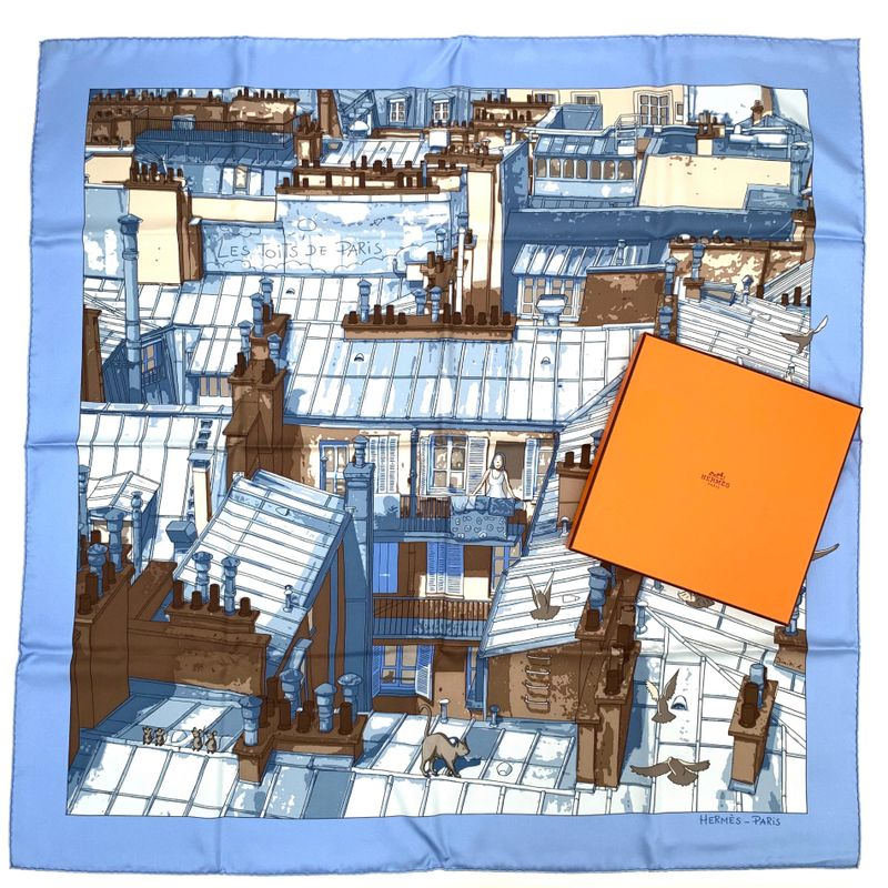 Grade Hermes Carre 90 Silk Scarf LES Toits DE Paris Roof Blue With Box
