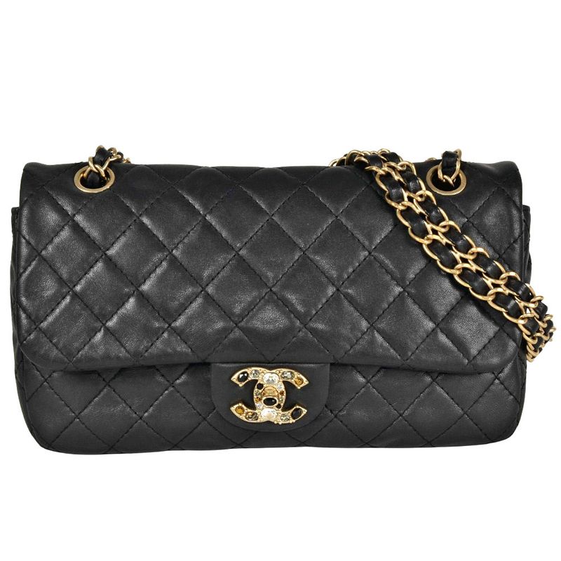 Chanel Matelasse W Chain One Shoulder Bag Lambskin Black Bijoux Coco Mark