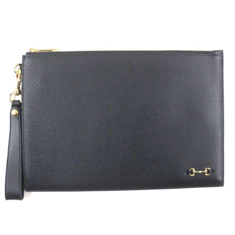 Gucci 700524 Leather Clutch Bag With Horsebit Strap Black Gold Hardware
