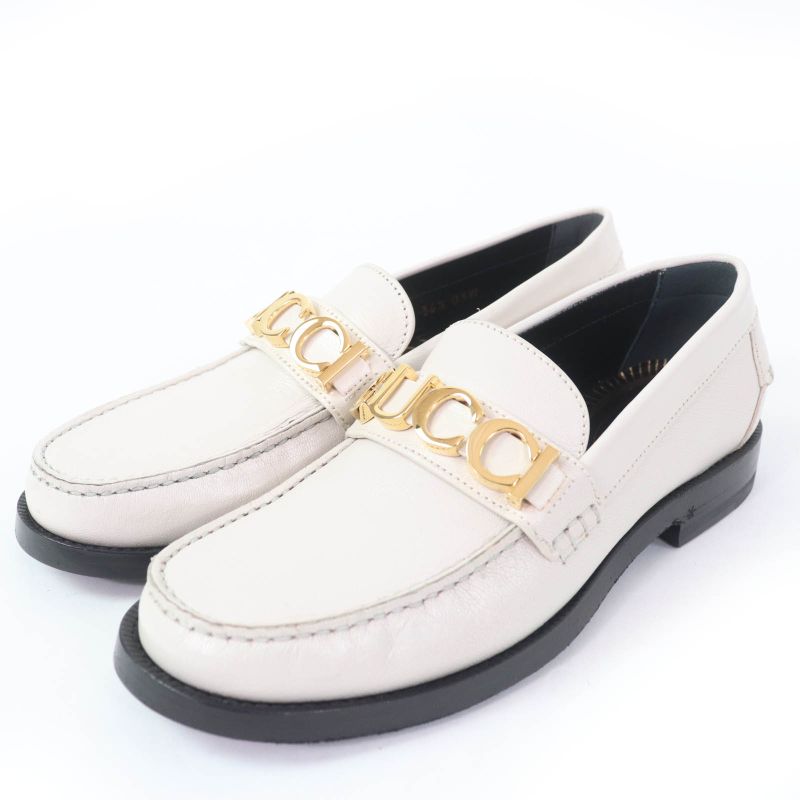 Gucci 700036 Metal Logo Leather Loafer Ivory Gold Hardware 36.5 With Box And