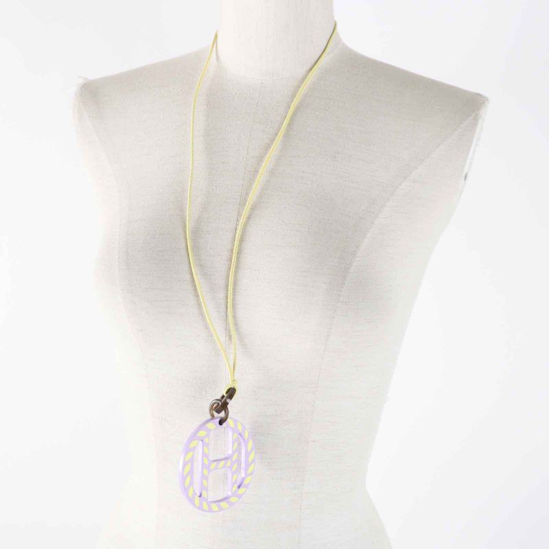 Hermes H Ekip Pendant Necklace Buffalo Horn Lavender Yellow With Box And