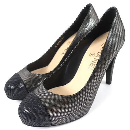 CHANEL G28557 Coco Mark Rhinestone Metallic Leather Cap Toe Platform Pumps