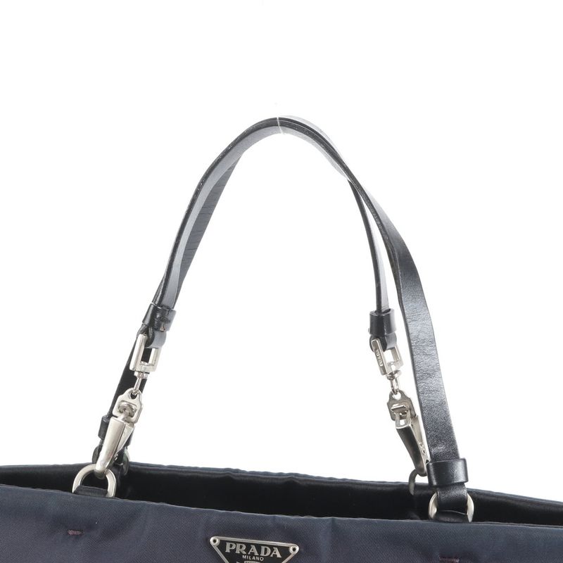 Prada Tessuto Nylon Triangle Logo Leather Tote Bag Shoulder Hand Navy Genuine