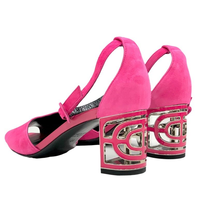 Hermes Sandals Shoes Suede Pink Silver Unused Metal Heel Ankle Strap