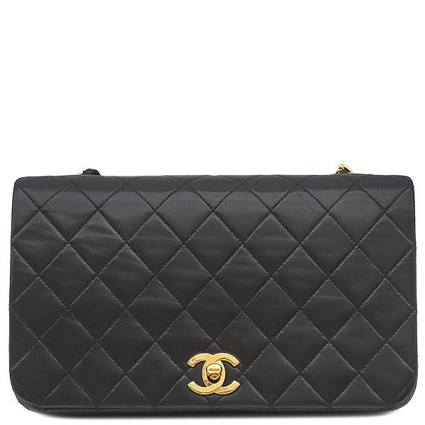 Chanel Shoulder Bag Matelasse Full Flap Lambskin Black Gold Hardware Black
