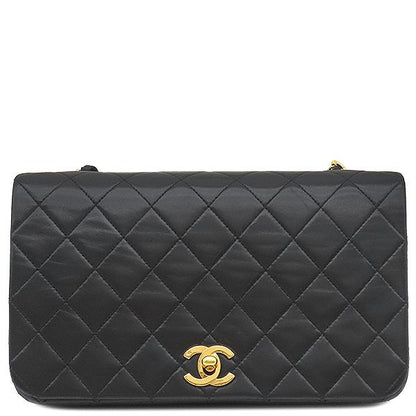 Chanel Shoulder Bag Matelasse Full Flap Lambskin Black Gold Hardware Black