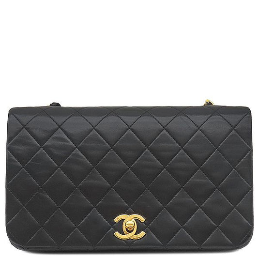 Chanel Shoulder Bag Matelasse Full Flap Lambskin Black Gold Hardware Black