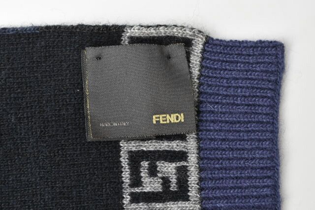 Fendi Scarf Fendi Winter Scarf Wool Blend FF Zucca Pattern Striped Blue Gray