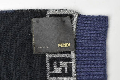 Fendi Scarf Fendi Winter Scarf Wool Blend FF Zucca Pattern Striped Blue Gray