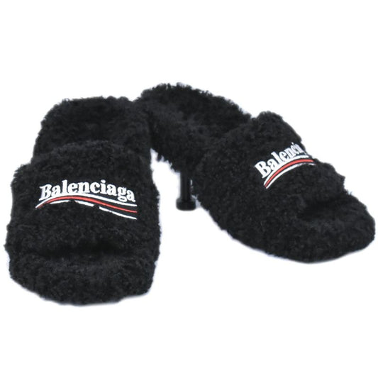 Authentic Balenciaga Logo Sandals Heels 35 Boa Black Women's Shoes Pre-owned