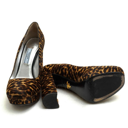 Prada Pumps Shoes Women Leather Dark Brown 8751 Leopard Chunky Heel High Heel