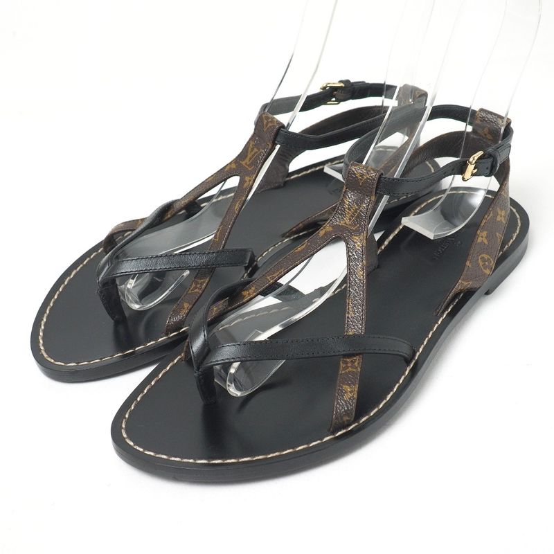 Louis Vuitton Sandals Size 37 Monogram LV Logo Ankle Strap Flat Thong Sandals