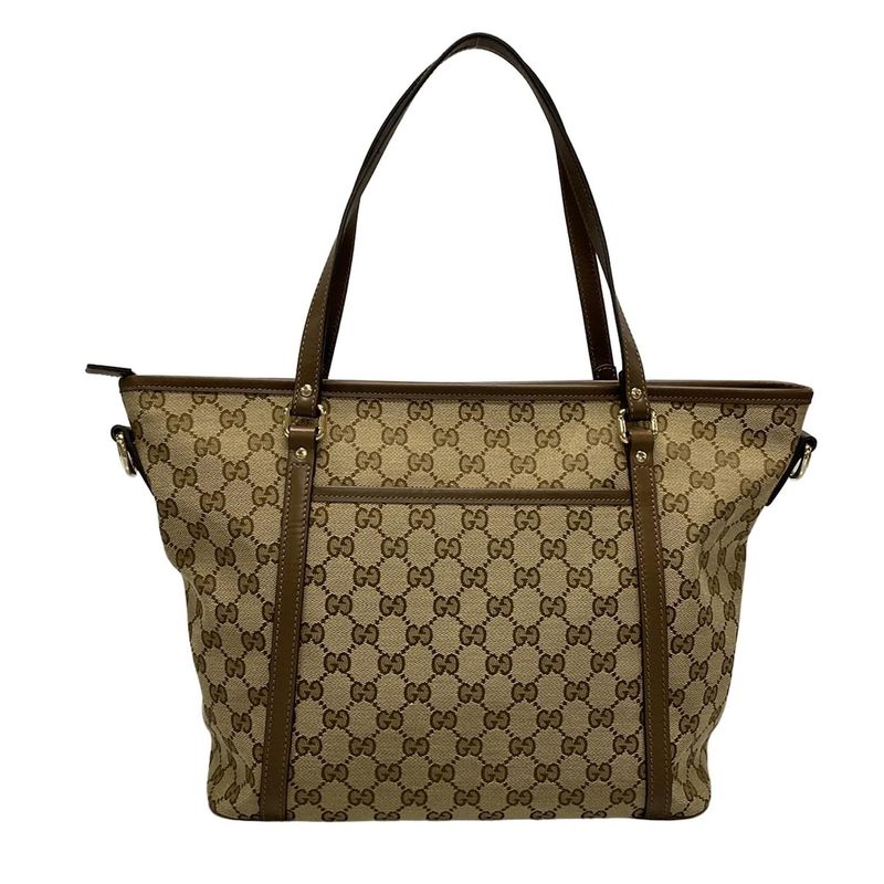 Gucci Tote Bag GG Pattern 388929 Beige And Dark Brown Leather