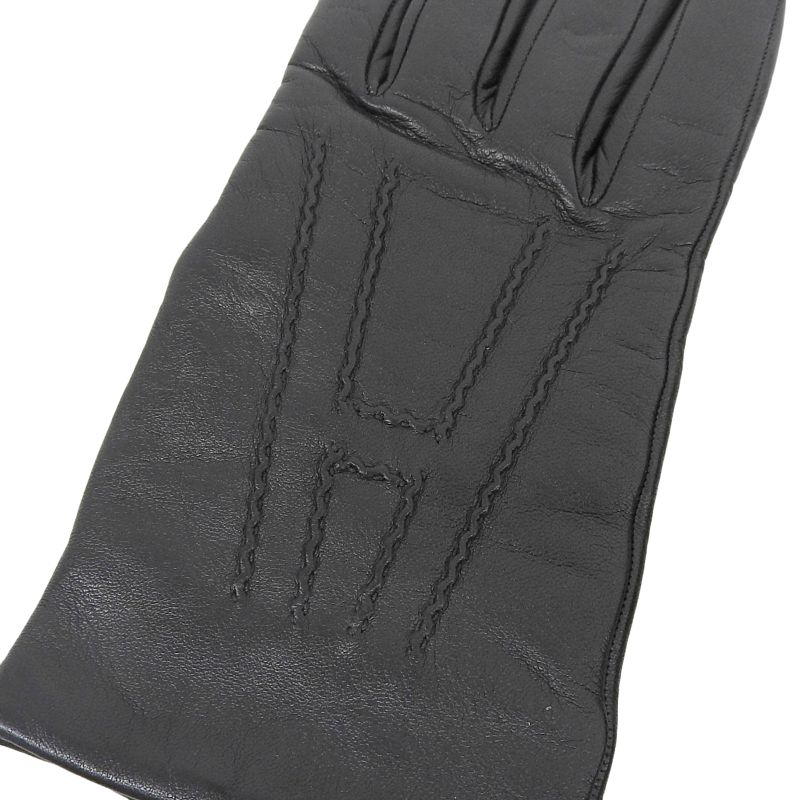 Hermes Lambskin Sheepskin 100% Cashmere Lining H Logo Design Gloves Black 7.5