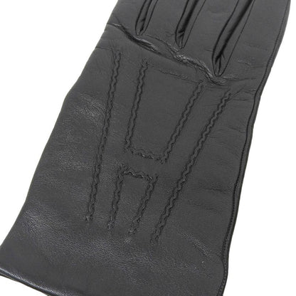 Hermes Lambskin Sheepskin 100% Cashmere Lining H Logo Design Gloves Black 7.5