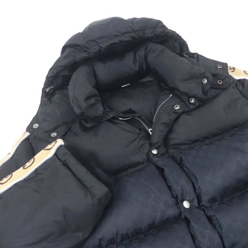 Gucci 598725 GG Jacquard Sideline Logo Hooded Down Coat Jacket Black 50 Made In
