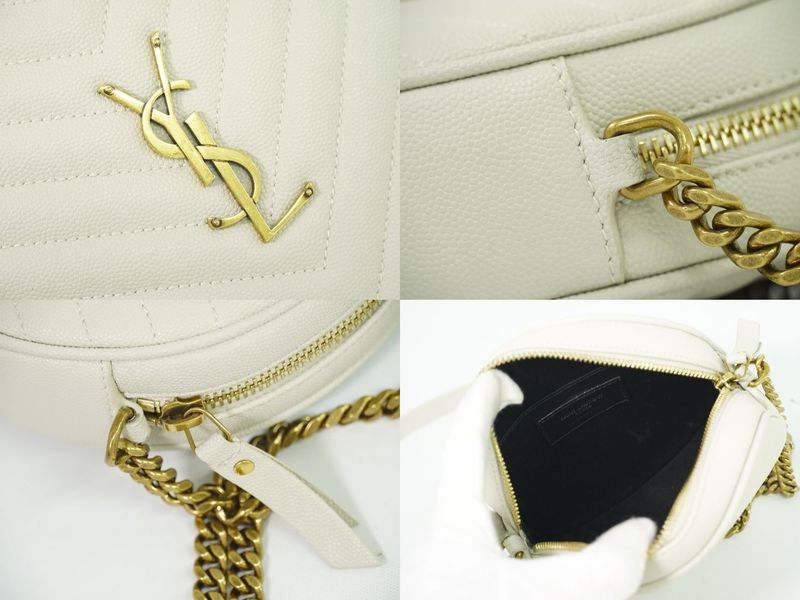Authentic Saint Laurent Vinyle Chain Shoulder Bag Pochette Leather White 610436