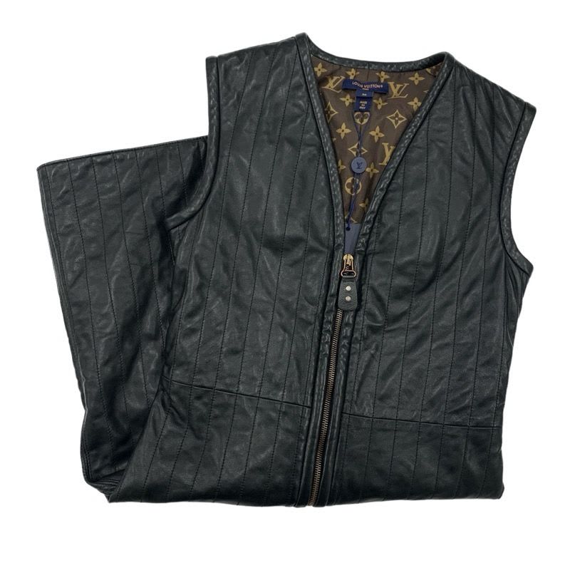 Louis Vuitton Pinstripe Leather Fitted Dress Sleeveless Monogram Black