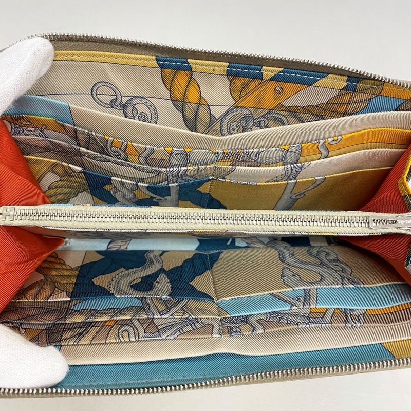 Hermes Long Wallet Azap Lock Silkine Vaux Epson Etoupe Silver Hardware Engraved