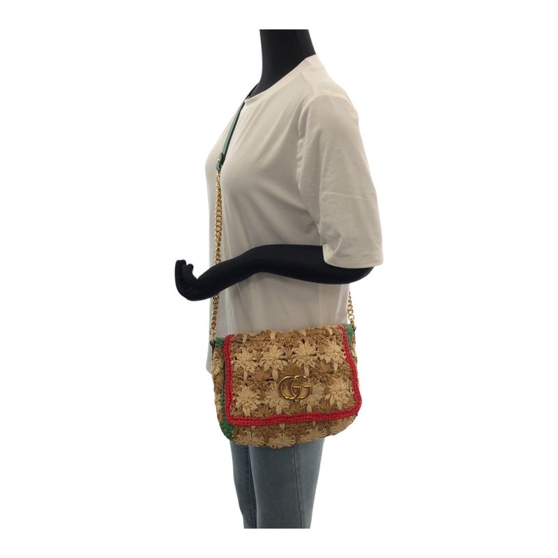 Gucci GG Marmont Beige Gold Hardware Raffia 574433 Chain Shoulder Bag Pochette