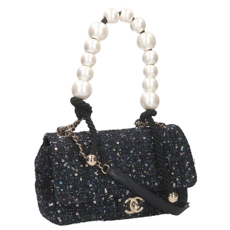 Chanel Faux Pearl Sequined Tweed Shoulder Bag Women's