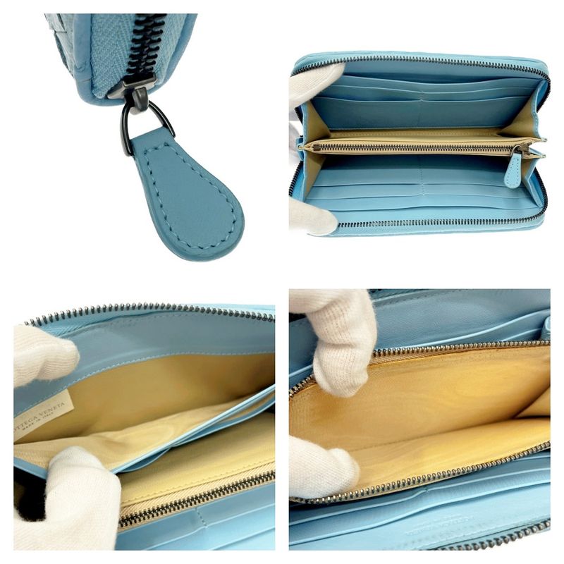 Bottega Veneta Leather Intrecciato Round Zip Wallet Blue 371637 Long Wallet