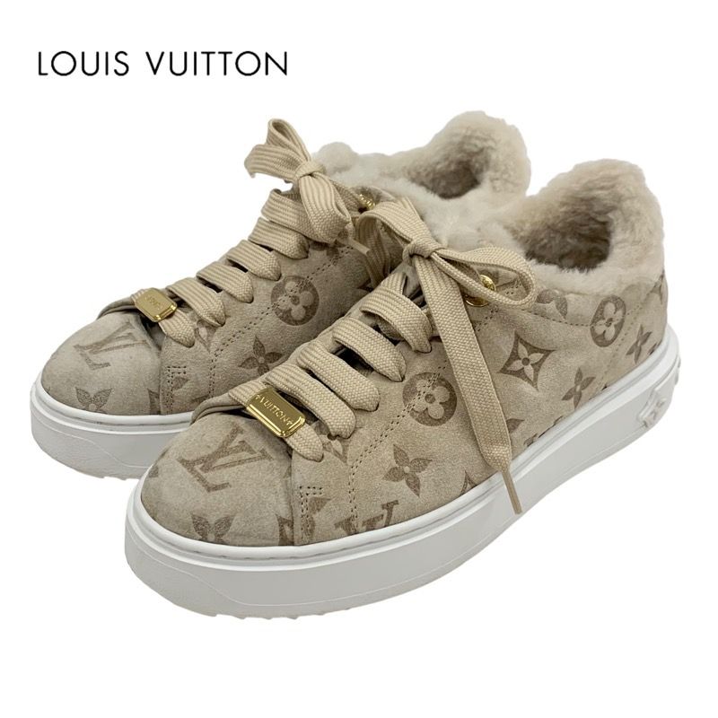 Louis Vuitton Time Out Line Monogram Sneakers Shoes Suede Leather Mouton Beige