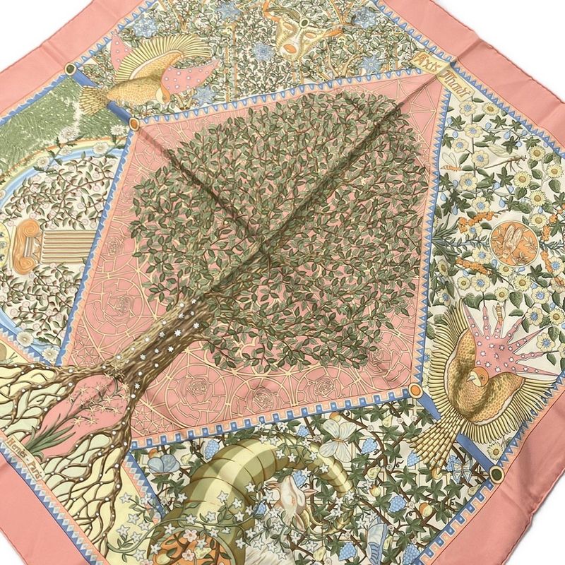 Hermes Scarf Carré 90 Light Orange×khaki×multi Axis Mundi/floral Pattern