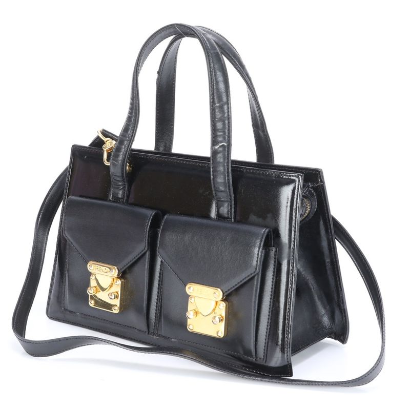 Fendi Leather 2WAY Shoulder Bag Crossbody Hand Tote Black Gold Hardware Women's