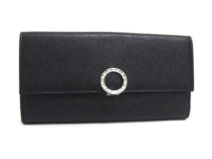 Bvlgari Leather Trifold Long Wallet Billfold Coin Purse Card Holder Black