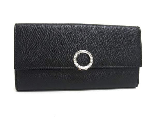 Bvlgari Leather Trifold Long Wallet Billfold Coin Purse Card Holder Black