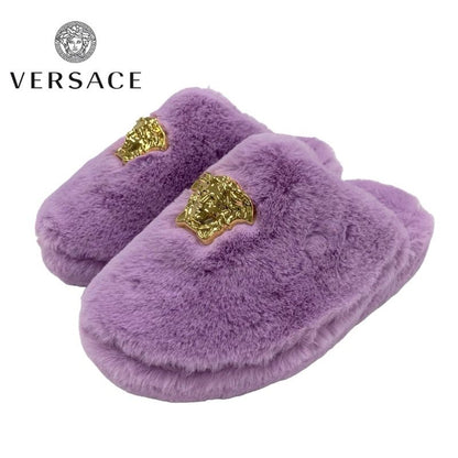 Versace Flat Shoes Fur Light Purple Gold Unused Mule Slippers