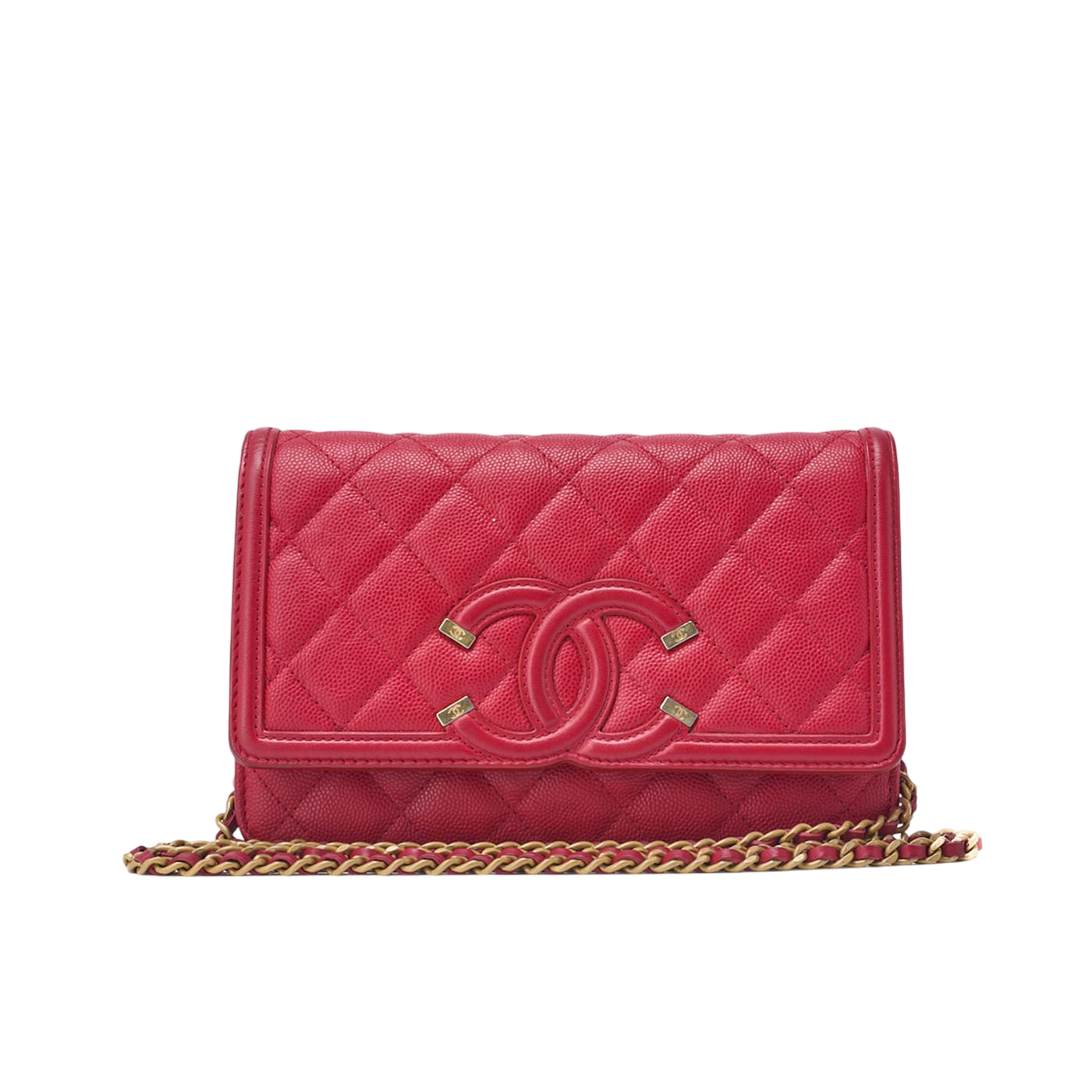 Chanel Shoulder Bag Chain Wallet Matelasse Caviar Skin CC Filigree Red Gold