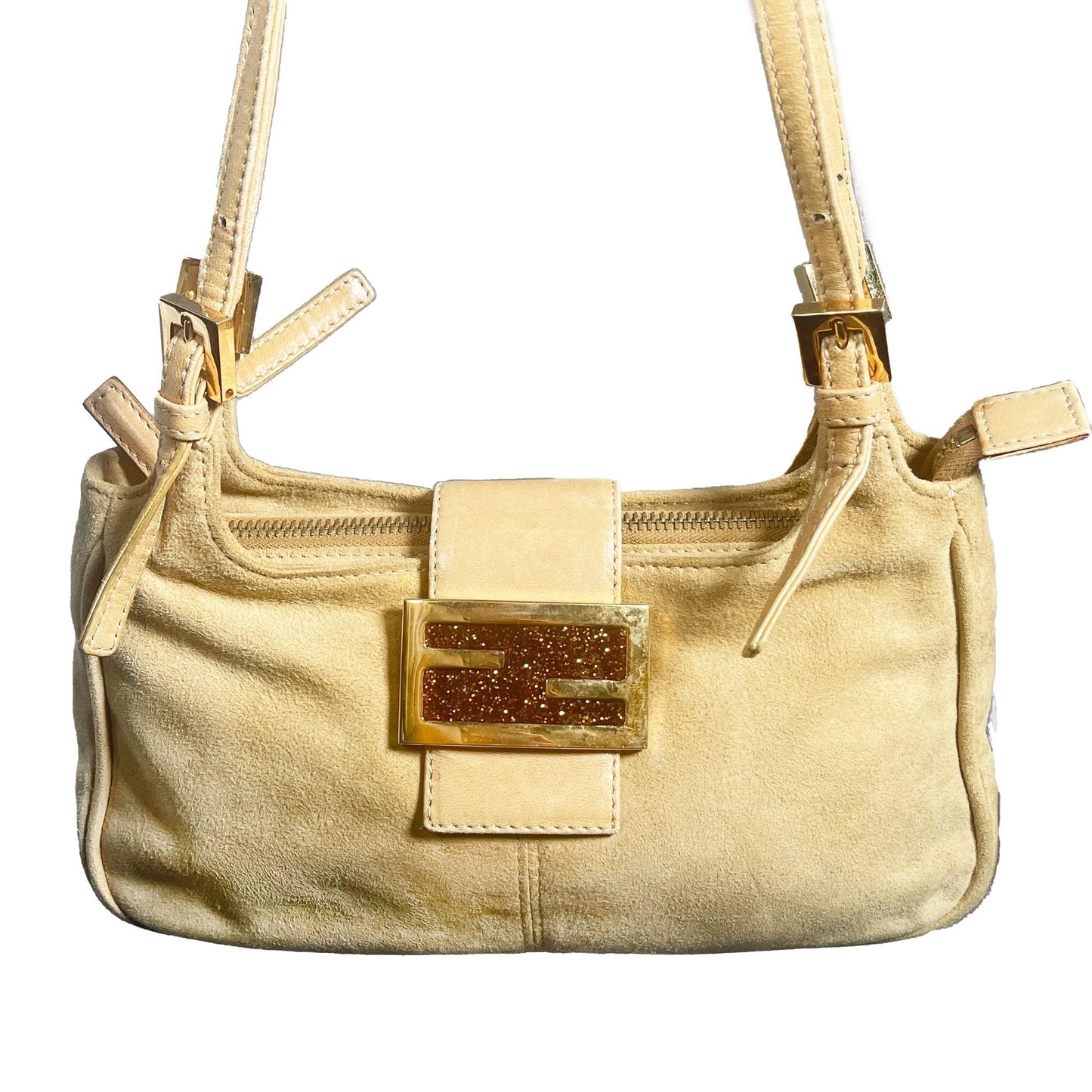 FENDI FF Mamma Zucca Baguette Glitter Pouch Tan Beige Flap Bag Purse Shoulder - The Reluxe