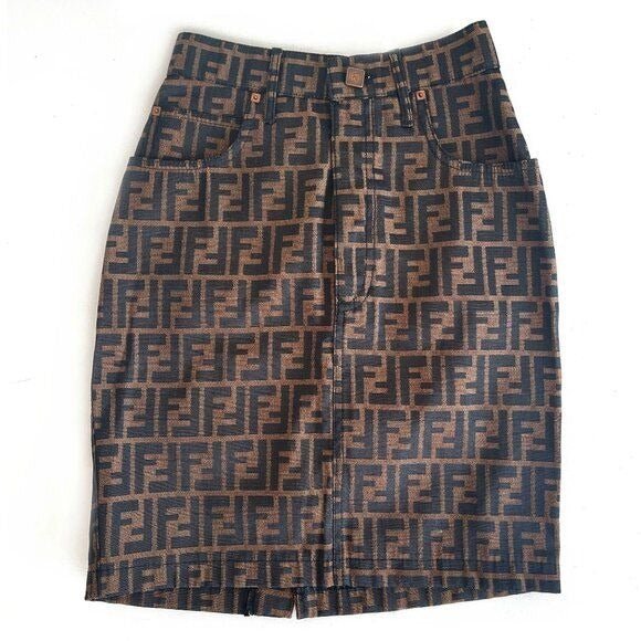 FENDI FF Zucca Vintage Printed Mini Skirt Brown Tan Pockets - The Reluxe