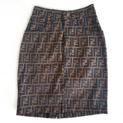 FENDI FF Zucca Vintage Printed Mini Skirt Brown Tan Pockets - The Reluxe