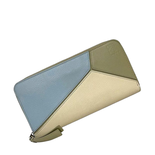 Loewe Round Zipper Long Wallet Beige Light Blue Puzzle
