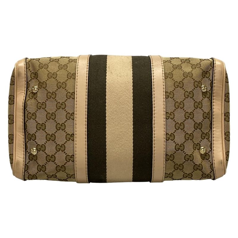 Gucci Handbag GG Pattern 247205 Dark Brown And Beige Mini Boston Leather