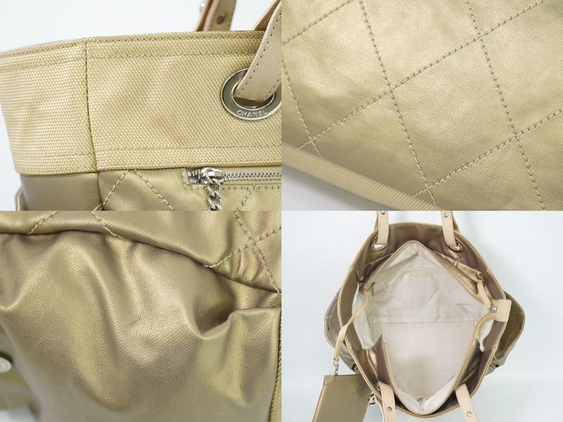 Authentic Chanel Coco Mark Paris Biarritz GM Tote Handbag Coated Canvas Gold